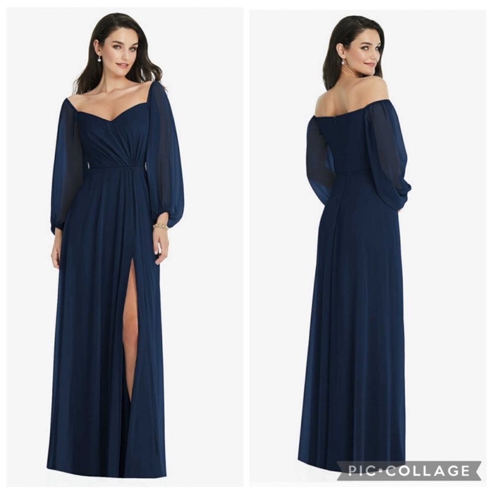 Dessy Collection 3104 Long Sleeve Chiffon Gown Midnight Navy Blue 16